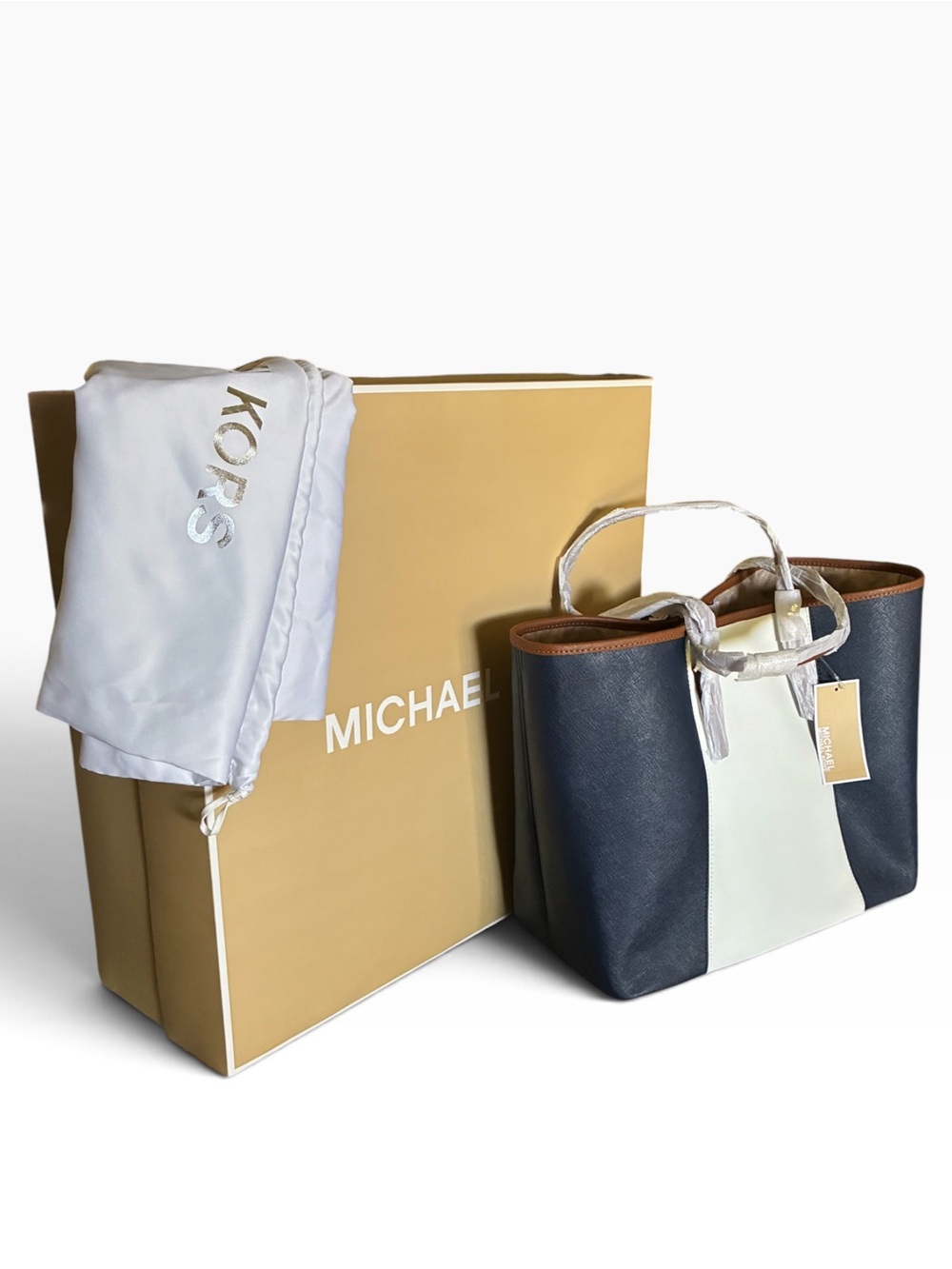 NWT Michael Kors tote bag. Safino leather, baby, white, tan. Gold hardware.